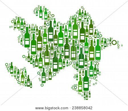 Azerbaijan Map Collage Of Alcohol Bottles And Circles In Variable Sizes And Green Color Hues. Abstra