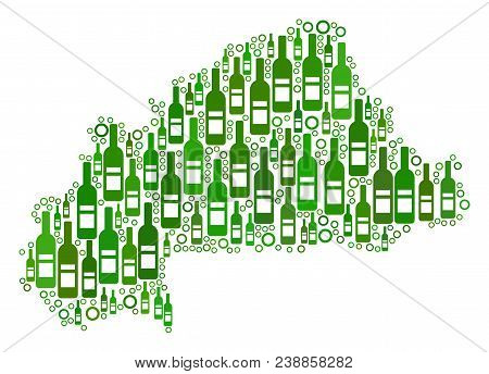 Burkina Faso Map Collage Of Alcohol Bottles And Round Bubbles In Various Sizes And Green Color Tones