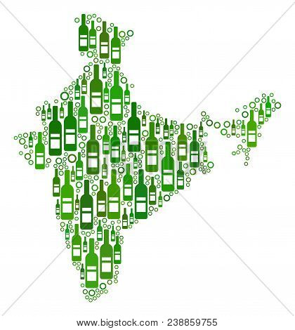 India Map Mosaic Of Wine Bottles And Spheric Bubbles In Various Sizes And Green Color Shades. Abstra