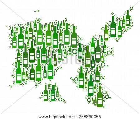 Limnos Greek Island Map Mosaic Of Wine Bottles And Circles In Various Sizes And Green Color Tones. A