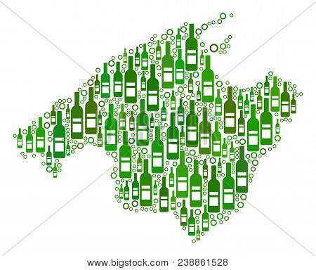 Spain Mallorca Island Map Collage Of Alcohol Bottles And Empty Circles In Different Sizes And Green 