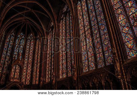 Paris, Northern France - July 08, 2017. Stained Glass Windows And Baldachin At The Sainte-chapelle (