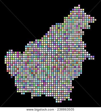 Pixel Borneo Island Map. Vector Geographic Map In Random Colors On A Black Background. Vector Patter