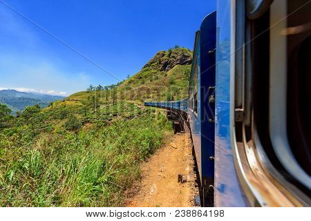 Train Travels Through The Tea Plantation At Sri Lanka.
