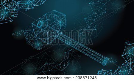 Abstract Polygonal Hammer Of Thor. This Is A Concept Image Of Lines And Points. Low Polygon Drawing.