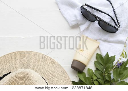Natural Cosmetic For Skin Face Sunscreen Spf50 And Accessories Of Lifestyle Woman Relax Summer On Ba