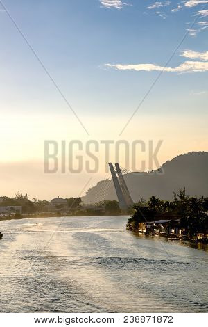 Marapendi Lagoon Seen From Above With Houses On The Hill During Sunset, Golden Light. Jet Skis Are R