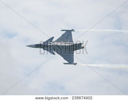 Singapore - February 4, 2018: Saab Jas 39c Gripen From The Royal Thai Air Force During The Aerial Di