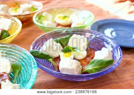 Mixed Appetiser With Spreadable Cheese, Hard Boiled Eggs And Cherry Tomatoes