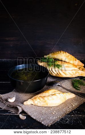 Chicken Broth With Pastries, Mutton And Mushroom Pie. Free Space For Your Text