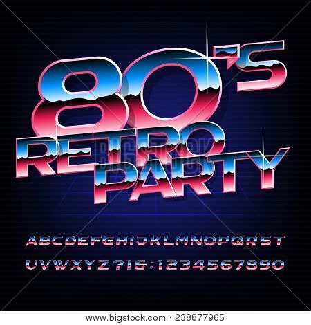 80s Retro Party Alphabet Font. Metallic Effect Oblique Letters And Numbers. Stock Vector Typography 