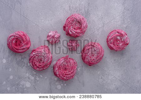 Homemade Meringues Cookies. Top View On Gray Background