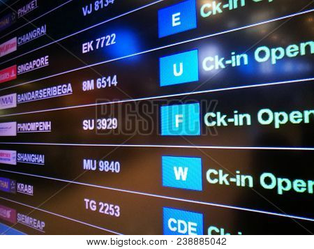 Bangkok, Thailand - January 6, 2018 : Display Time Departure Board At Suwannaphum Airport.