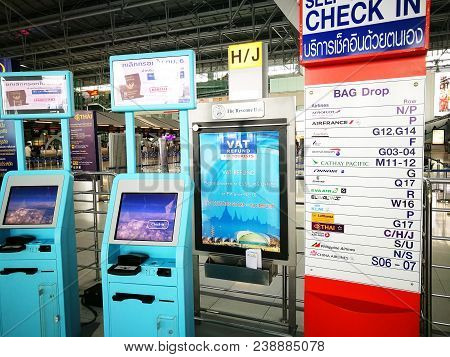 Bangkok, Thailand - January 6, 2018 : Self Check-in Machine At Suwannaphum Airport, Thailand On Janu