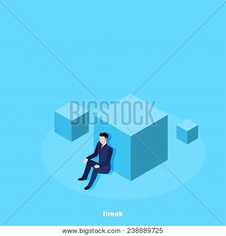 A Man In A Business Suit Sitting Leaning His Back On A Big Cube, An Isometric Image