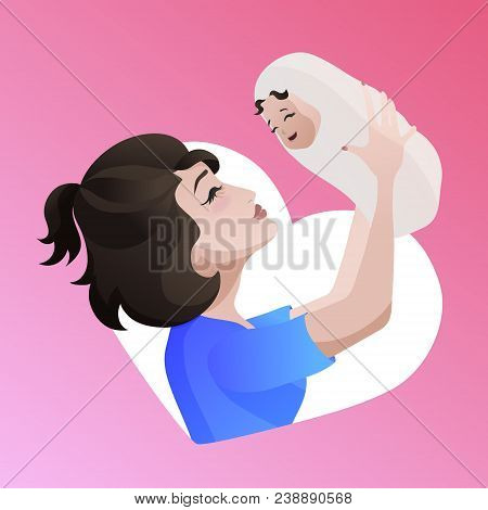 Young Asian Mother With Baby In Her Hands. Throwing Up Baby, Head Up, Smiling, Happy Child. Characte