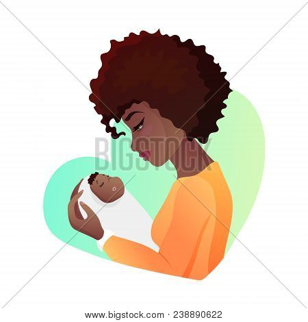 Young African American Mother With Baby In Her Hands. Looking An Infant And Smilling, Child Sleeps. 