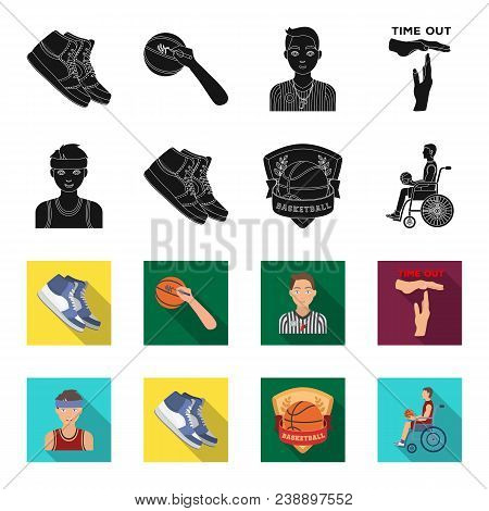 Basketball And Attributes Black, Flet Icons In Set Collection For Design.basketball Player And Equip
