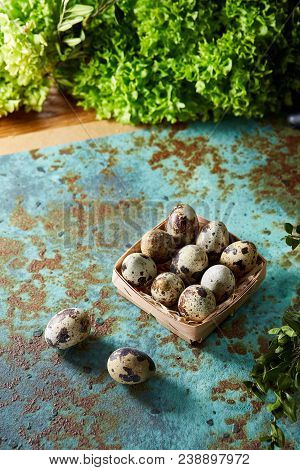Quail Eggs In The Box And Saparated Ones On Blue Textured Surface With Green Blurred Natural Leaves 