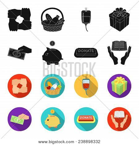 Hand With Money For Poshestvovaniya, A Piggy Bank For Charity, A Button With An Inscription, A Book 