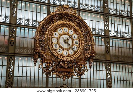 Paris, France - July 11, 2017. Golden Clock View At The Main Hall Of The Quai D Orsay Museum In Pari