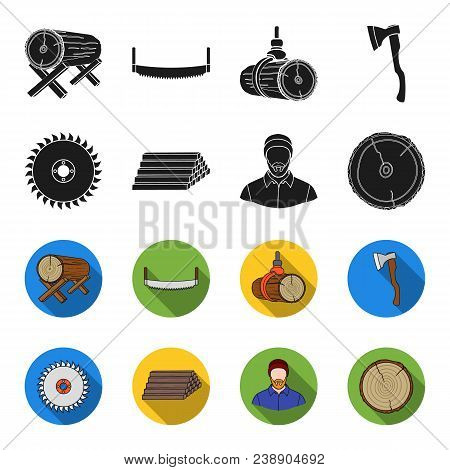 Circular Saw, A Working Carpenter, A Stack Of Logs. A Sawmill And Timber Set Collection Icons In Bla