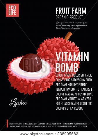 Packaging Label. Concept Design With Inscription. Lychee Fruit. Vector Flat Poster Template With Tex