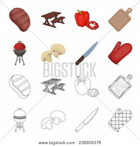Barbeque Grill, Champignons, Knife, Barbecue Mitten.bbq Set Collection Icons In Cartoon, Outline Sty