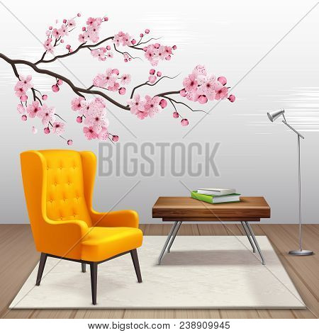 Sakura Interior Composition With Cherry Twig In The House Next To Armchair And Coffee Table Vector I