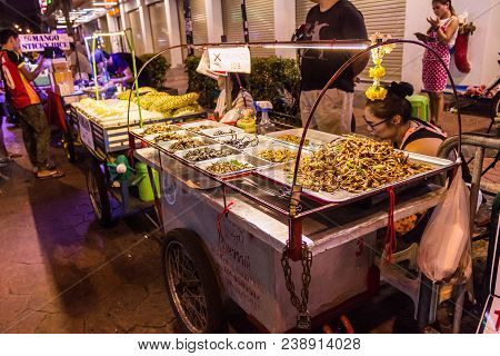 Bangkok, Thailand - July 9, 2017: Various Fried Insects Selling On The Street Night Market At Soi Ra