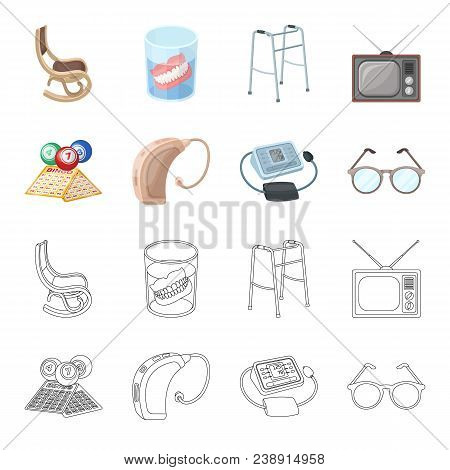 Lottery, Hearing Aid, Tonometer, Glasses.old Age Set Collection Icons In Cartoon, Outline Style Vect