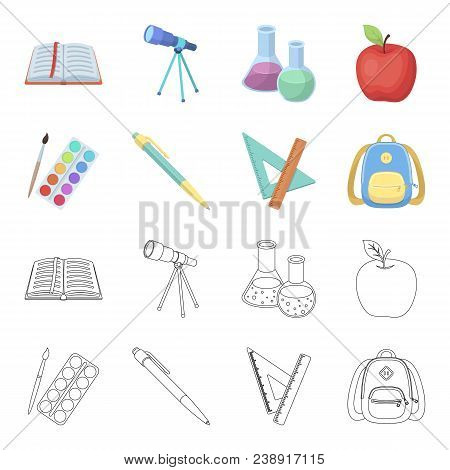 Multicolored Paints With A Tassel, Pen, Triangle And Ruler, Satchel, Briefcase. School And Education