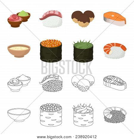 Bowl Of Soup, Caviar, Shrimp With Rice. Sushi Set Collection Icons In Cartoon, Outline Style Vector 