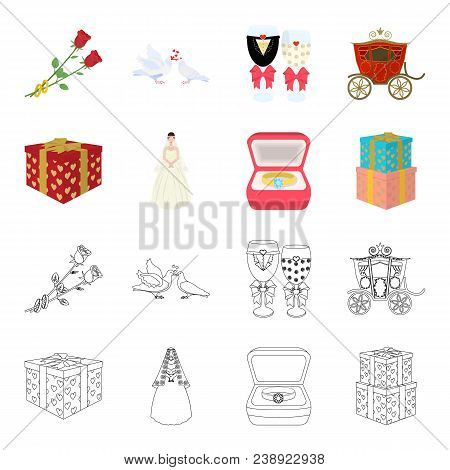 Wedding And Attributes Cartoon, Outline Icons In Set Collection For Design.newlyweds And Accessories