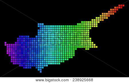 Pixelated Cyprus Map. Vector Geographic Plan In Luminous Spectrum Color Hues On A Black Background. 
