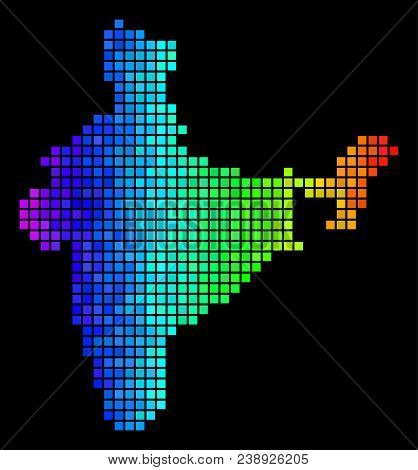 Spectrum India Map. Vector Territorial Plan In Impressive Spectrum Color Tints On A Black Background