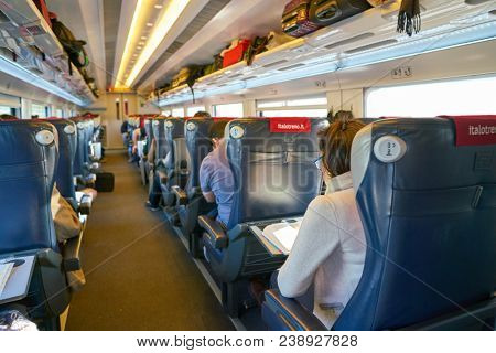 MILAN, ITALY - CIRCA NOVEMBER, 2017: inside high-speed italo train. The Italian railway system is one of the most important parts of the infrastructure of Italy.