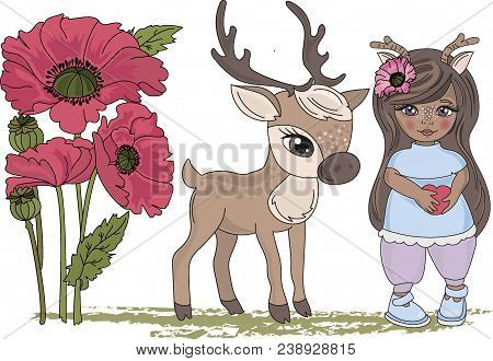 Clip Arts Deer Girl (color Vector Illustration)