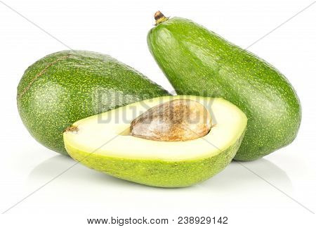 Two Green Smooth Avocado And One Section Half With A Seed Isolated On White Background Bacon Variety