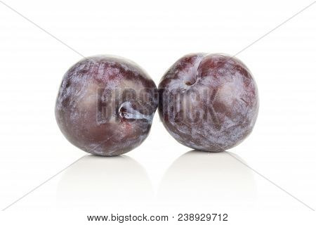 Two Red Blue Plums Isolated On White Background Round Fresh Juicy Fruit