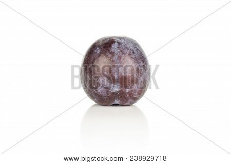 One Red Blue Plum Isolated On White Background Round Whole Fresh Fruit