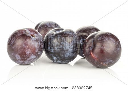 Five Red Blue Plums Isolated On White Background Round Fresh Juicy Fruit
