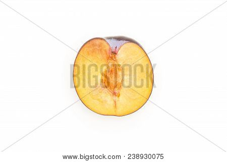 One Red Blue Plum Half Top View Isolated On White Background Section
