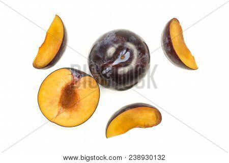 Red Blue Plums Set Top View Isolated On White Background One Whole One Section Half Three Slices