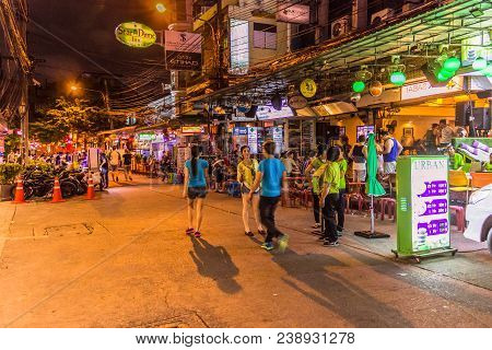 Bangkok, Thailand - July 9, 2017: Street Night Market At Soi Ram Butri Near Khao Sarn Road Area