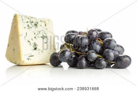 Black Grape Cluster (autumn Royal Variety) With A Blue Mold Cheese Isolated On White Background Swee