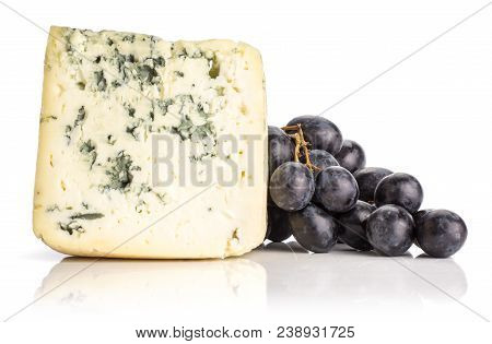 Black Grape Cluster (autumn Royal Variety) With A Blue Mold Cheese Isolated On White Background