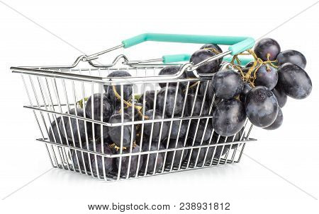 Black Grape Cluster (autumn Royal Variety) In A Shopping Basket Isolated On White Background