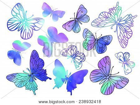 Clip Arts Purple Butterflies Color Illustration Magic Beautiful Picture Paint Drawing Set Scrapbooki