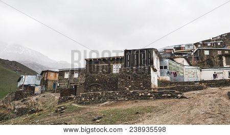 Azerbaijan, Khinalig Mountain Settlement View, Houses Of Local Residents. Located High Up In The Mou